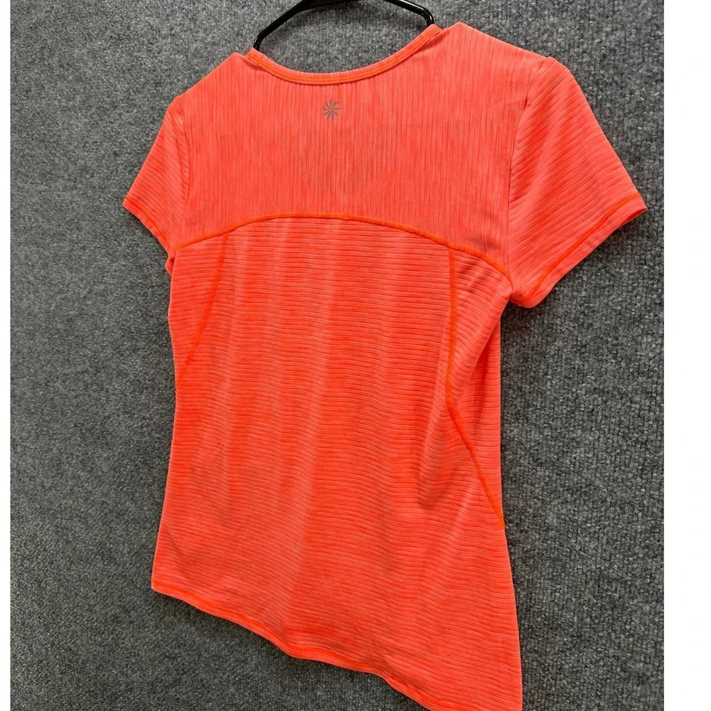 Athleta Womens Neon Coral Orange Ribbed Asymmetrical Hem Short Sleeve Tee Top, S - Picture 5 of 9